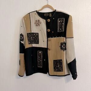 VTG Julia Kim Patchwork Neutrals L/S Wooden Buttons Cottage Core Grandma Jacket